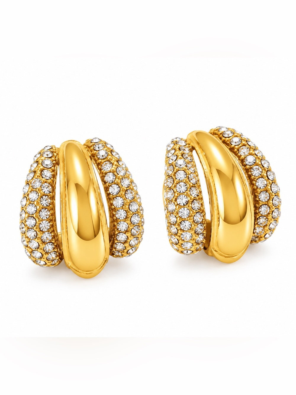 Gold Pavé Crystal Triple-Row C-Hoop Huggie Stud Earrings Stainless Steel